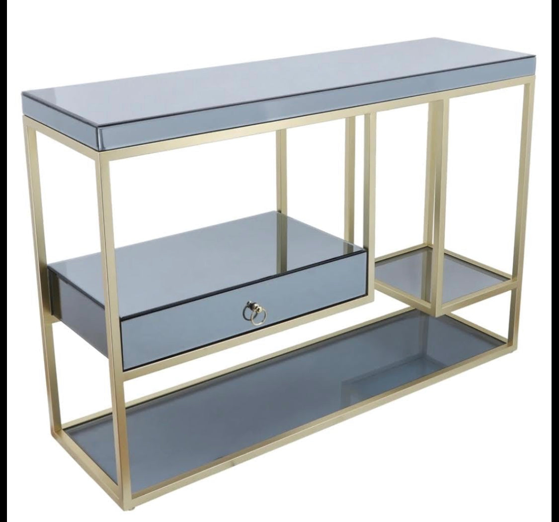 Gold Metal and Smoked Glass Console Table with Drawer